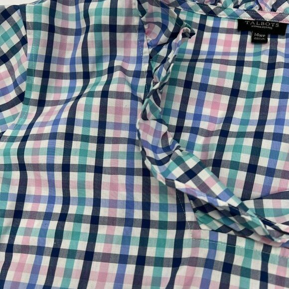 Talbots Size 14WP Multicolor Gingham Plaid 3/4 Sleeve Ruffle Neck Top Pullover - Picture 2 of 4